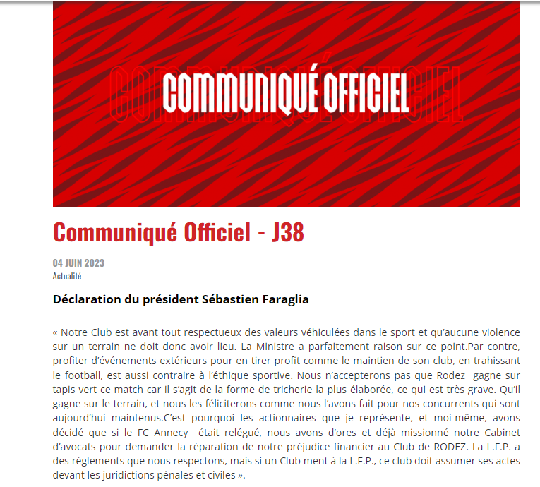 Ligue 2 的关键之战被削减了一半 安纳西指责罗德兹执导和表演 如果对方自动胜诉 他就会起诉