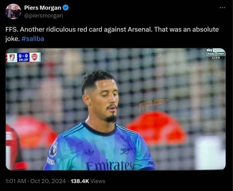 萨利巴直红🤬摩根怒喷：阿森纳又吃到荒谬红牌，这绝对是个笑话